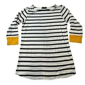 Elegant Black and White Striped Top with Yellow Cuffs